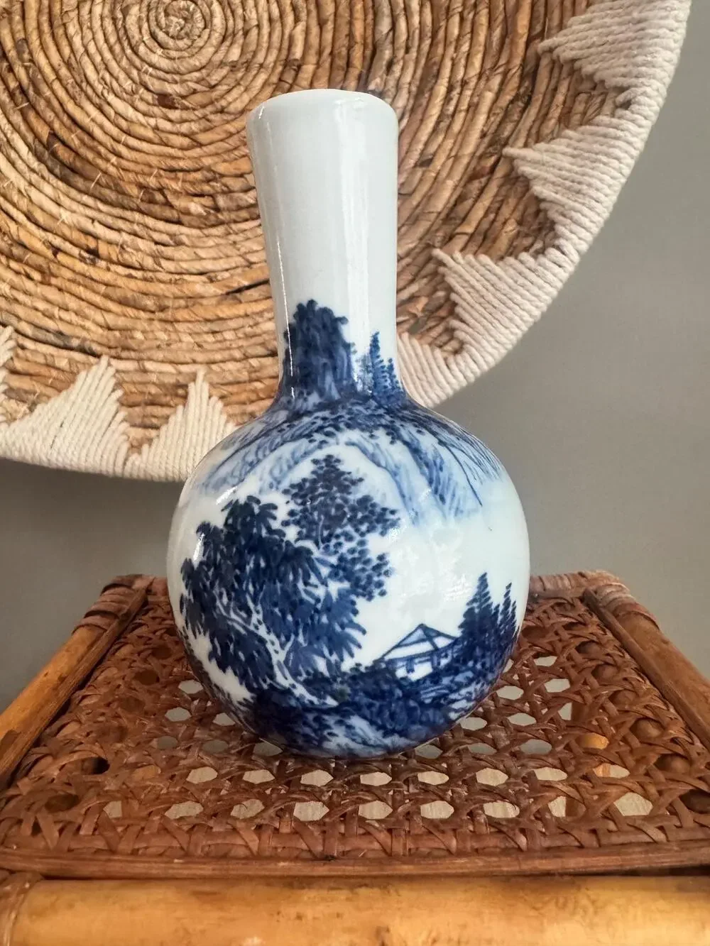 Vintage Chinoiserie Blue White Porcelain Bottle Vase 6